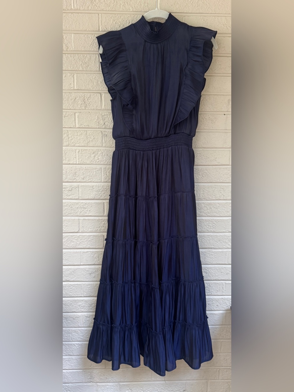 Lulus “Take a Glance” Navy Blue Tiered Mock Neck Midi Dress